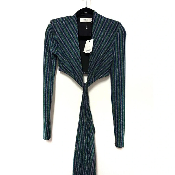 NWT $329 MISHA Despina Metallic Striped Cut-Out Midi Dress - Picture 5 of 9